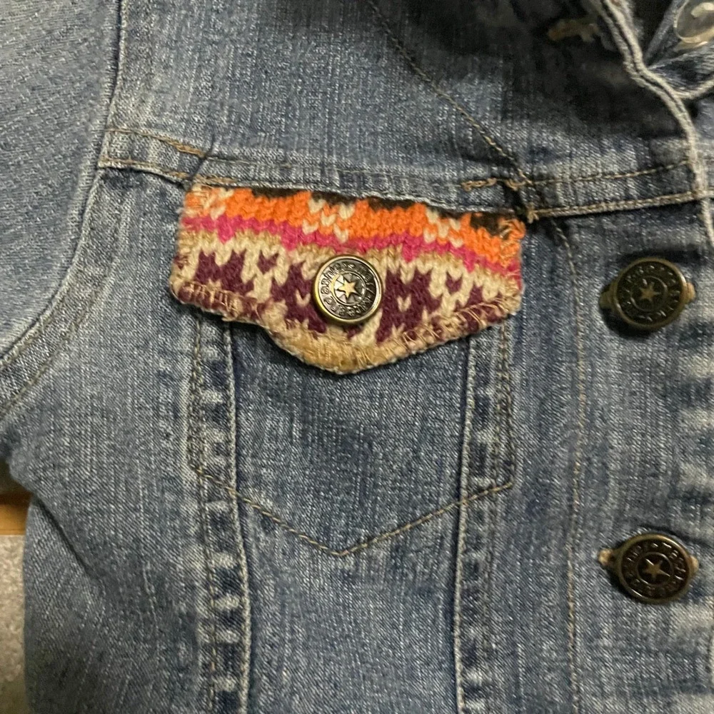 VTG Mary Kate and Ashley Denim Jacket Colorful Knit Trim Flower Embroidery Girls